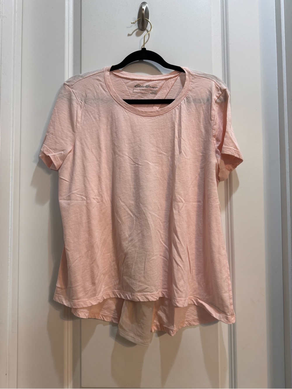 EDDIE BAUER Pink Short Sleeve Tee XL Pleated Lace Insert Back Round Neck